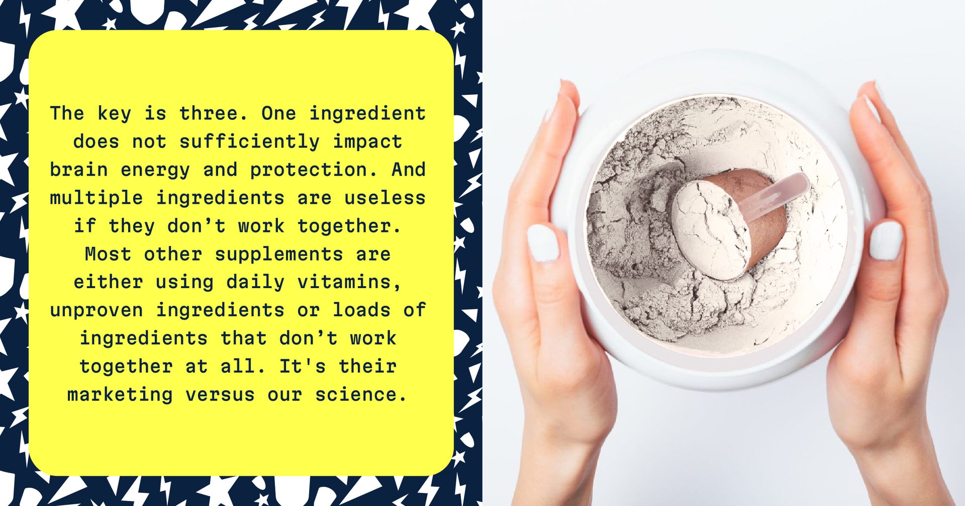 Supplement powder in a bowl with text about supplement ingredients and effectiveness.