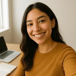 Woman sitting at a desk with a laptop, wearing a mustard yellow shirt.