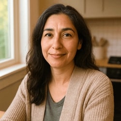 Woman in a beige cardigan standing in a kitchen